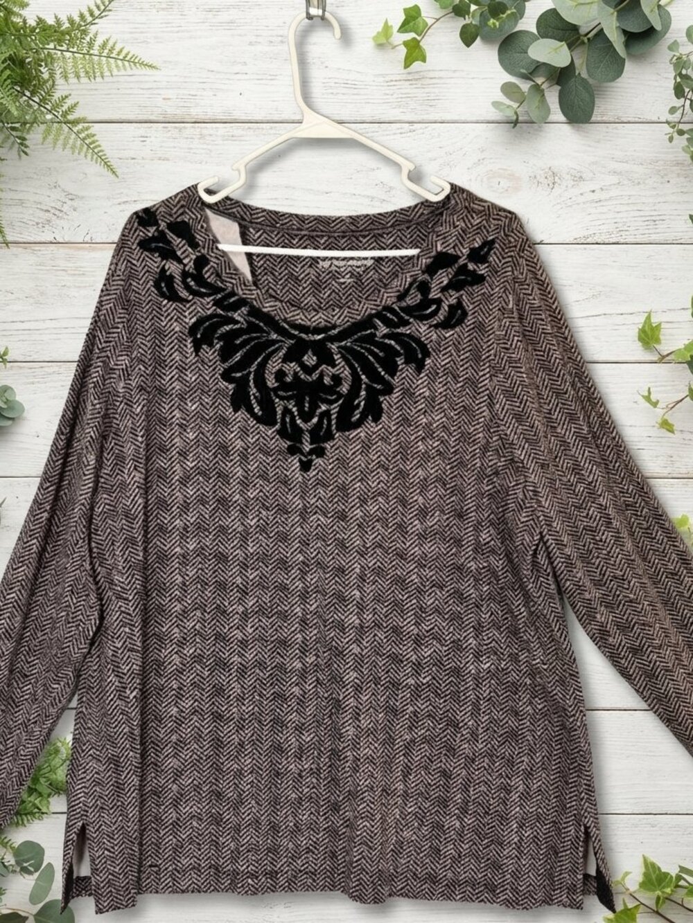 Soft Surroundings Tunic Top 2X Brown Herringbone Velvet Damask Flock 3/4 Sleeve
